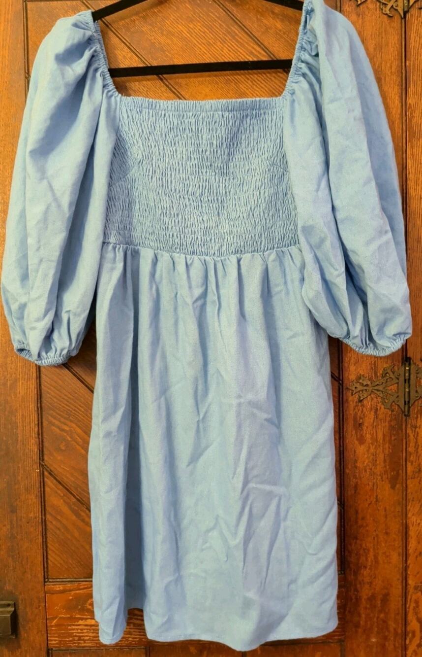 Tuckernuck Annie Smocked Puff Sleeve Linen Blend Midi Dress Womens Medium Blue